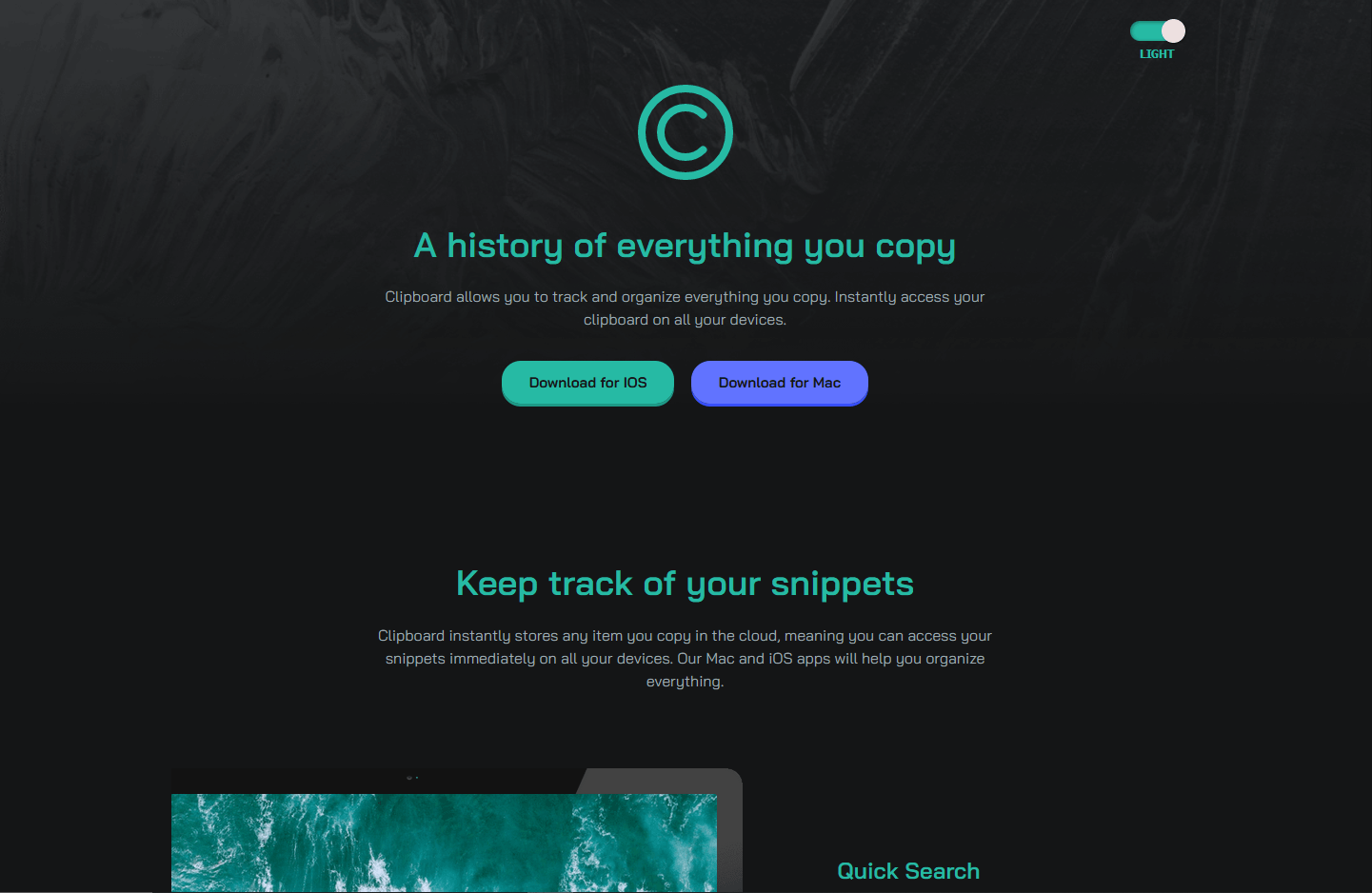 Clipboard Landing Page Dark Mode